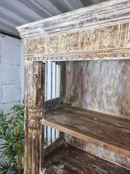 Large Vintage Reclaimed Rustic Indian Carved Solid Wooden Bookcase Shelving Unit