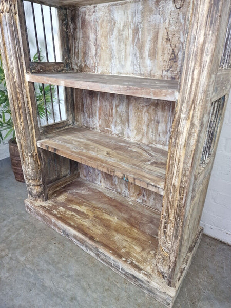 Large Vintage Reclaimed Rustic Indian Carved Solid Wooden Bookcase Shelving Unit
