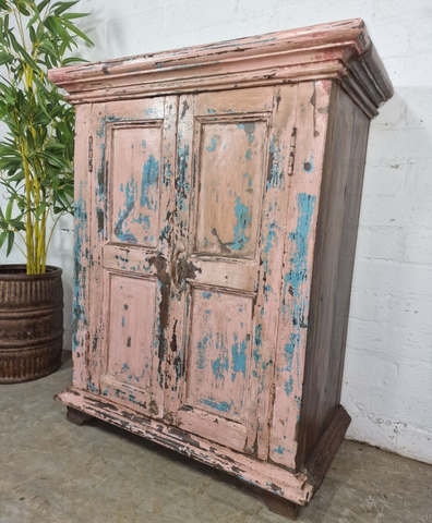 Vintage Reclaimed Indian Pink Wooden Bedside Bathroom Kitchen Cabinet Cupboard