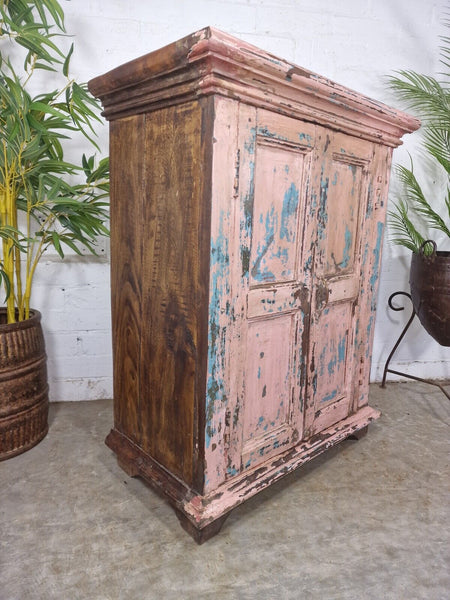Vintage Reclaimed Indian Pink Wooden Bedside Bathroom Kitchen Cabinet Cupboard