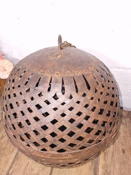Rustic Handmade Reclaimed Metal Lattice Hanging Ball Candle Holder Lantern