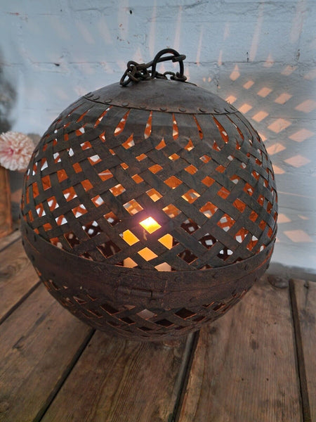 Rustic Handmade Reclaimed Metal Lattice Hanging Ball Candle Holder Lantern