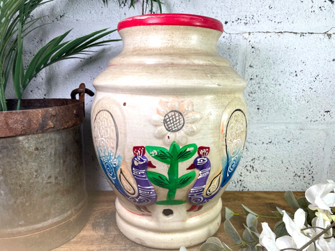 Vintage Indian Hand Painted Terracotta Clay Vase Urn Water Pot