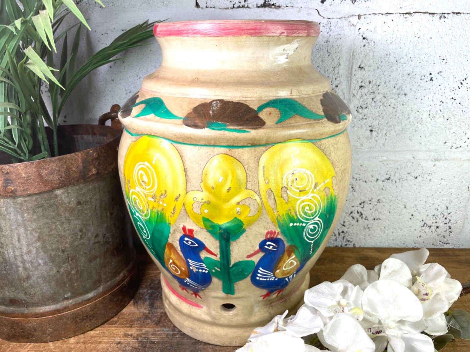Vintage Indian Hand Painted Terracotta Clay Vase Urn Water Pot