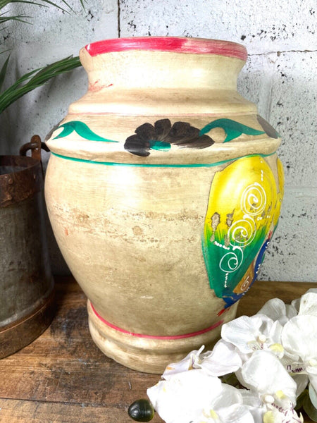 Vintage Indian Hand Painted Terracotta Clay Vase Urn Water Pot