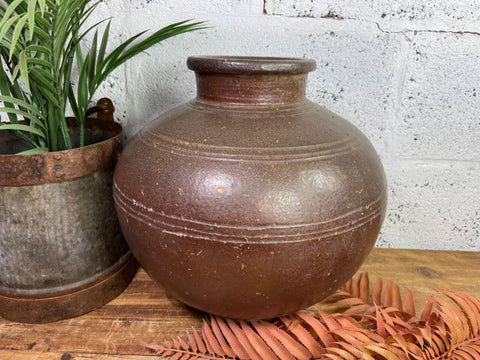 Antique Vintage Rustic Asian Glazed Terracotta Clay Preserving Storage Jar Pot