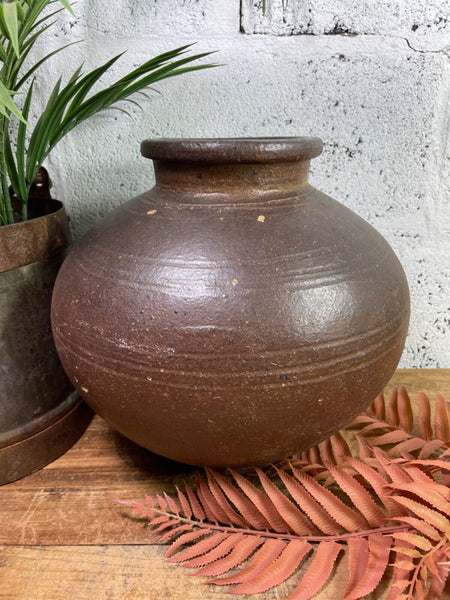 Antique Vintage Rustic Asian Glazed Terracotta Clay Preserving Storage Jar Pot