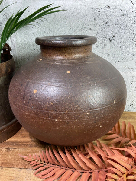 Antique Vintage Rustic Asian Glazed Terracotta Clay Preserving Storage Jar Pot