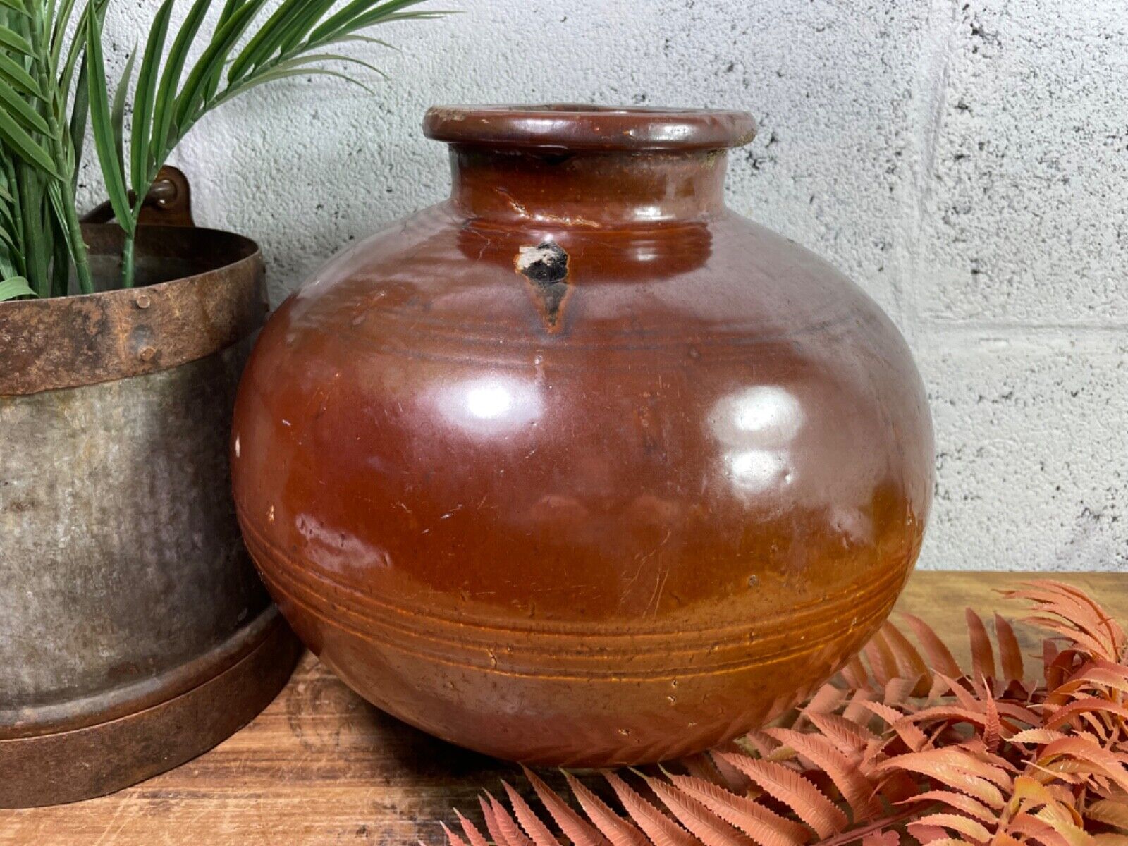 Antique Vintage Rustic Asian Glazed Terracotta Clay Preserving Storage Jar Pot