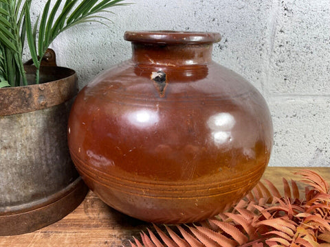 Antique Vintage Rustic Asian Glazed Terracotta Clay Preserving Storage Jar Pot