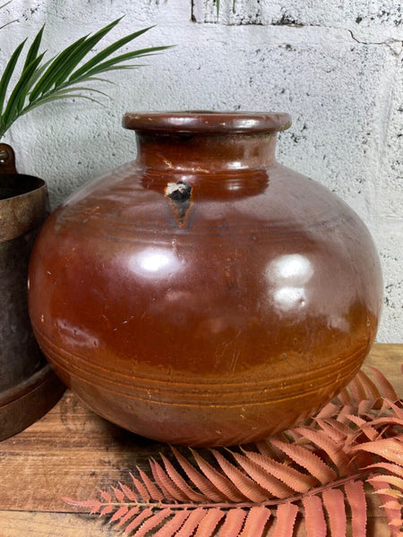 Antique Vintage Rustic Asian Glazed Terracotta Clay Preserving Storage Jar Pot