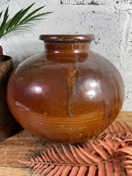 Antique Vintage Rustic Asian Glazed Terracotta Clay Preserving Storage Jar Pot