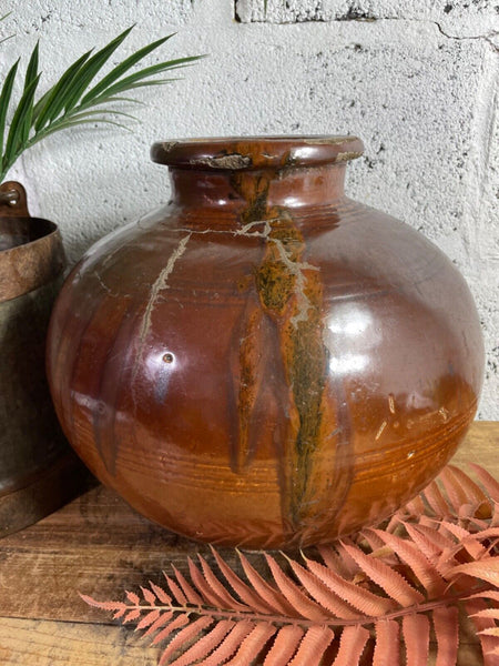 Antique Vintage Rustic Asian Glazed Terracotta Clay Preserving Storage Jar Pot