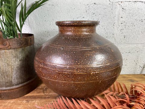 Antique Vintage Rustic Asian Glazed Terracotta Clay Preserving Storage Jar Pot