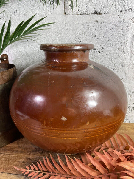 Antique Vintage Rustic Asian Glazed Terracotta Clay Preserving Storage Jar Pot