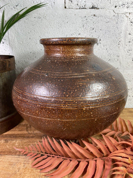 Antique Vintage Rustic Asian Glazed Terracotta Clay Preserving Storage Jar Pot