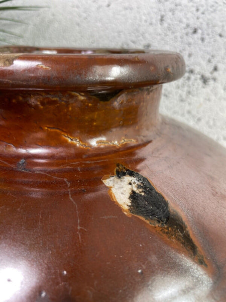 Antique Vintage Rustic Asian Glazed Terracotta Clay Preserving Storage Jar Pot