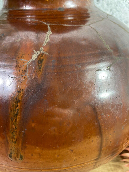 Antique Vintage Rustic Asian Glazed Terracotta Clay Preserving Storage Jar Pot