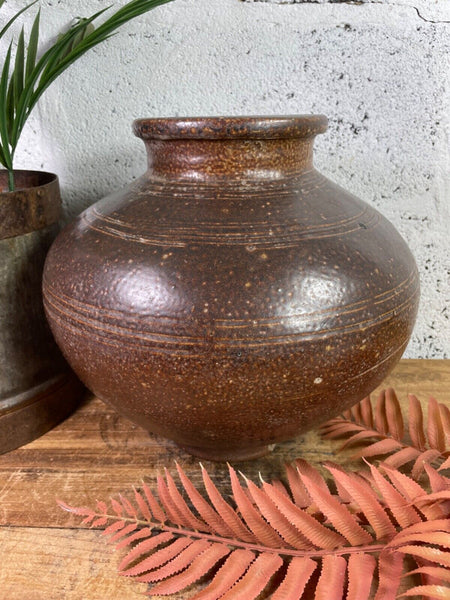 Antique Vintage Rustic Asian Glazed Terracotta Clay Preserving Storage Jar Pot