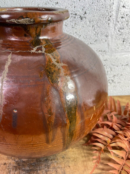 Antique Vintage Rustic Asian Glazed Terracotta Clay Preserving Storage Jar Pot