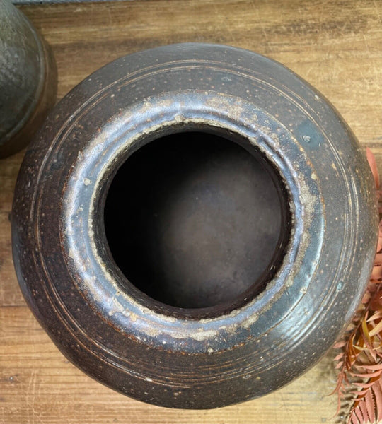 Antique Vintage Rustic Asian Glazed Terracotta Clay Preserving Storage Jar Pot