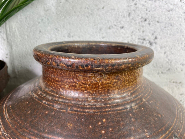 Antique Vintage Rustic Asian Glazed Terracotta Clay Preserving Storage Jar Pot