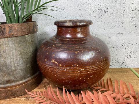 Antique Vintage Rustic Asian Glazed Terracotta Clay Preserving Storage Jar Pot