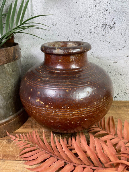 Antique Vintage Rustic Asian Glazed Terracotta Clay Preserving Storage Jar Pot