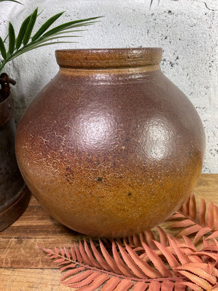 Antique Vintage Rustic Asian Glazed Terracotta Clay Preserving Storage Jar Pot