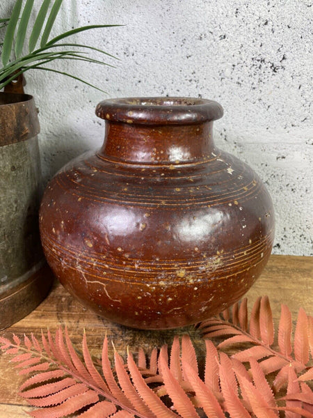Antique Vintage Rustic Asian Glazed Terracotta Clay Preserving Storage Jar Pot