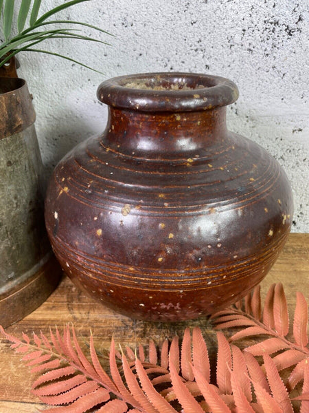 Antique Vintage Rustic Asian Glazed Terracotta Clay Preserving Storage Jar Pot