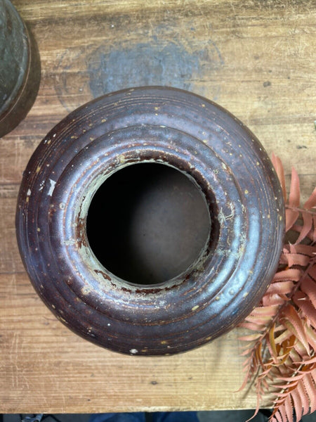 Antique Vintage Rustic Asian Glazed Terracotta Clay Preserving Storage Jar Pot