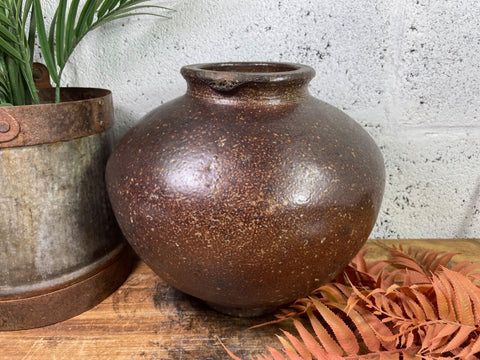 Antique Vintage Rustic Asian Glazed Terracotta Clay Preserving Storage Jar Pot