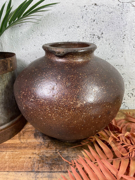 Antique Vintage Rustic Asian Glazed Terracotta Clay Preserving Storage Jar Pot