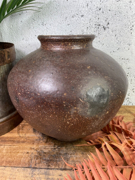 Antique Vintage Rustic Asian Glazed Terracotta Clay Preserving Storage Jar Pot