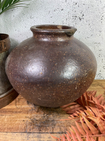 Antique Vintage Rustic Asian Glazed Terracotta Clay Preserving Storage Jar Pot