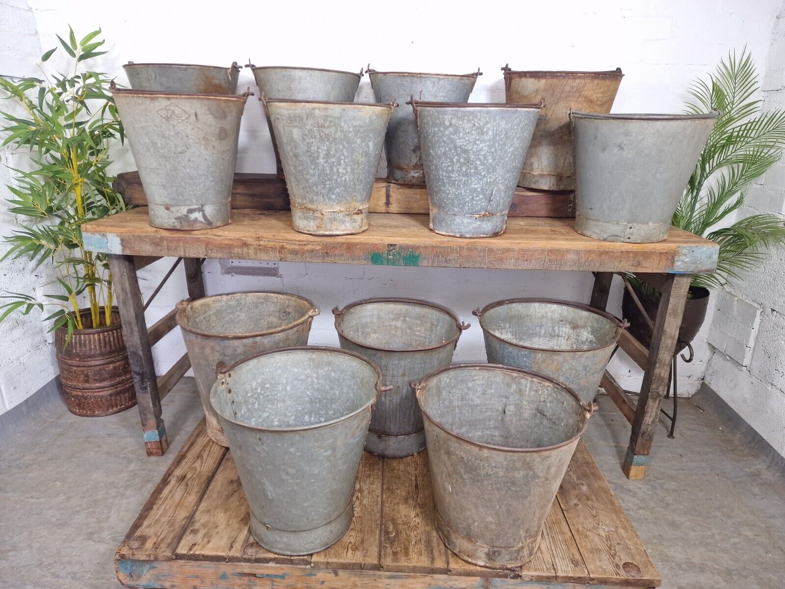 Vintage Rustic Reclaimed Riveted Galvanised Fire Bucket Garden Planter Tub