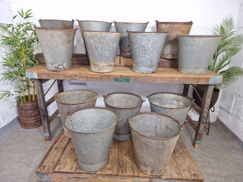 Vintage Rustic Reclaimed Riveted Galvanised Fire Bucket Garden Planter Tub