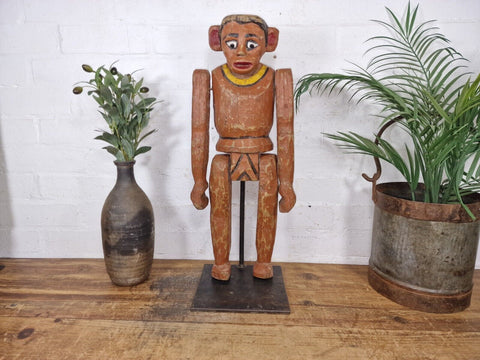 Large Antique Vintage Indian Articulated Hand Carved Wooden Monkey Puppet Statue