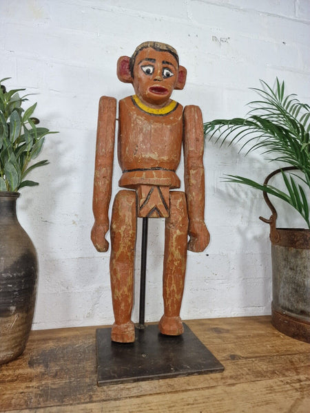Large Antique Vintage Indian Articulated Hand Carved Wooden Monkey Puppet Statue