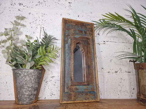 Vintage Rustic Reclaimed Indian Temple Wooden Bathroom Hallway Wall Mirror