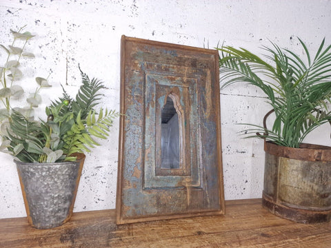 Vintage Rustic Reclaimed Indian Temple Wooden Bathroom Hallway Wall Mirror