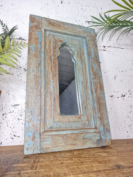 Vintage Rustic Reclaimed Indian Temple Wooden Bathroom Hallway Wall Mirror