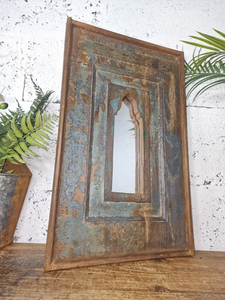 Vintage Rustic Reclaimed Indian Temple Wooden Bathroom Hallway Wall Mirror