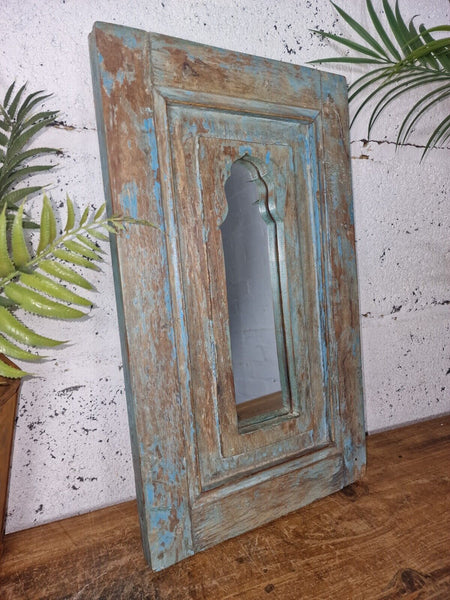 Vintage Rustic Reclaimed Indian Temple Wooden Bathroom Hallway Wall Mirror