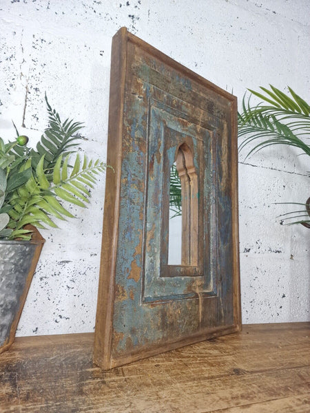 Vintage Rustic Reclaimed Indian Temple Wooden Bathroom Hallway Wall Mirror