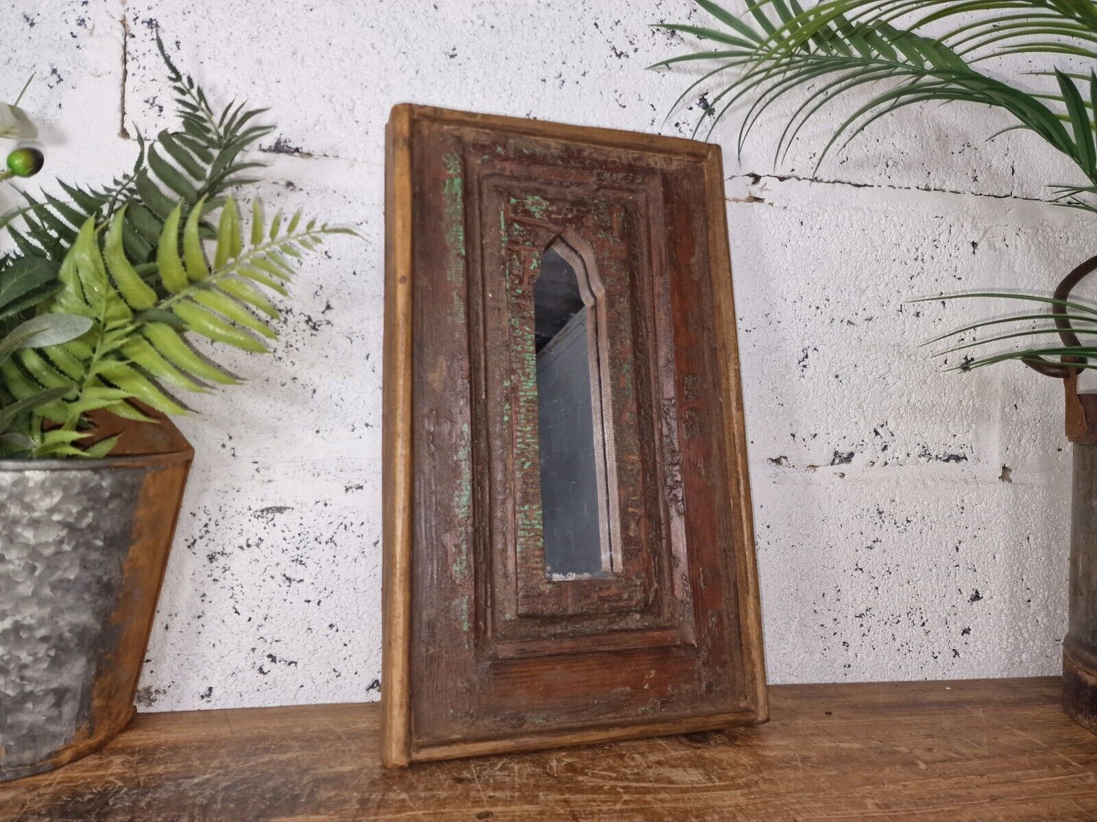 Vintage Rustic Reclaimed Indian Temple Wooden Bathroom Hallway Wall Mirror