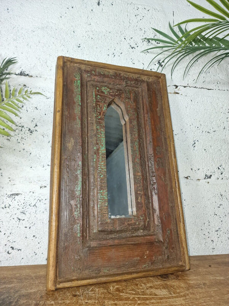 Vintage Rustic Reclaimed Indian Temple Wooden Bathroom Hallway Wall Mirror