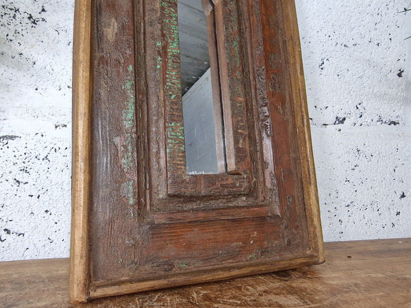 Vintage Rustic Reclaimed Indian Temple Wooden Bathroom Hallway Wall Mirror