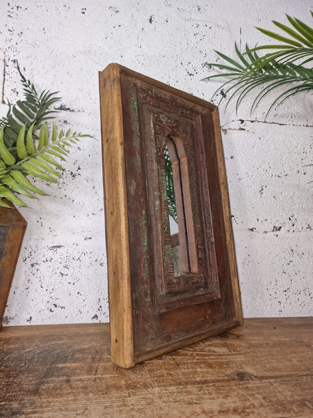Vintage Rustic Reclaimed Indian Temple Wooden Bathroom Hallway Wall Mirror